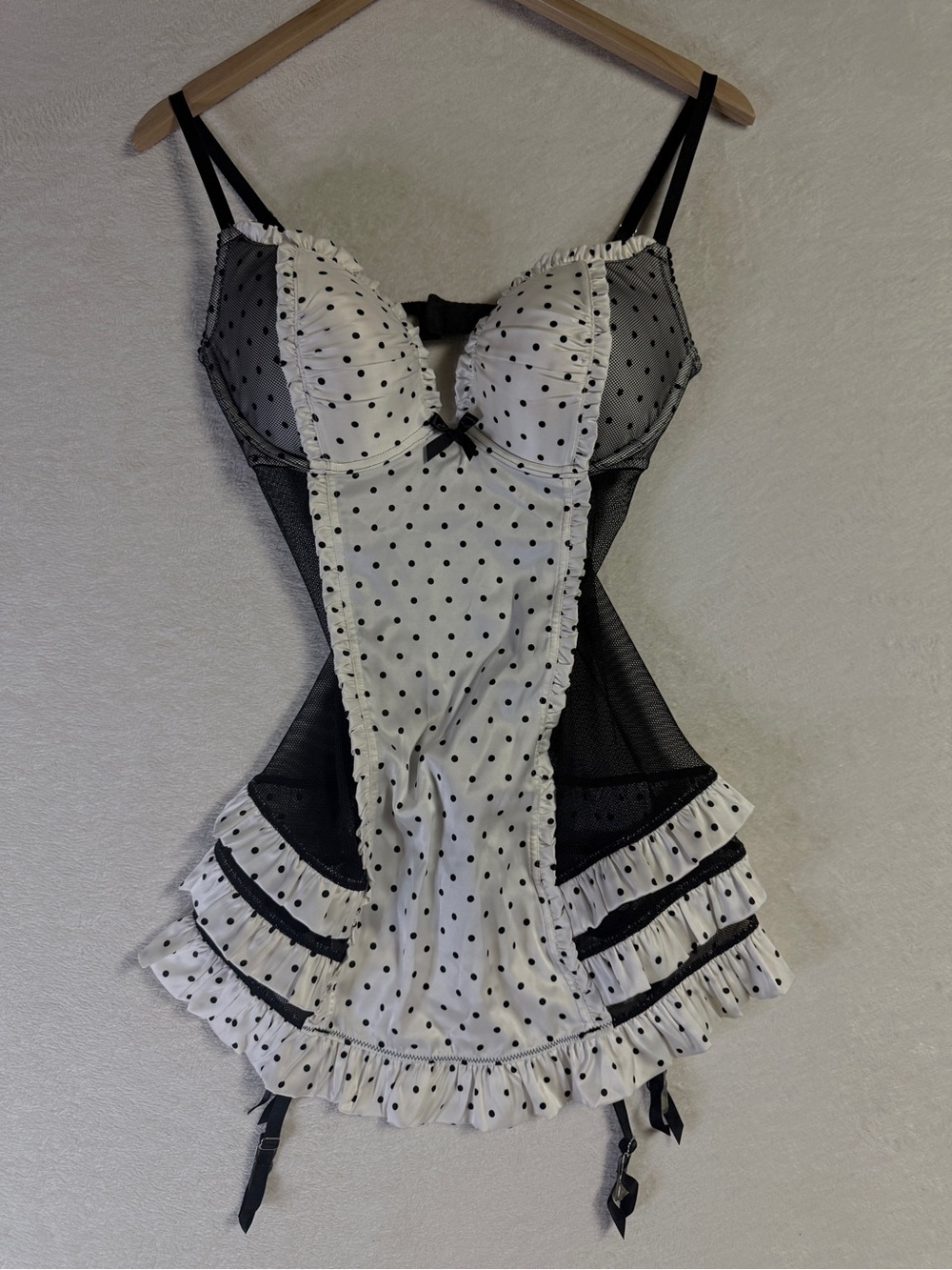 Victoria Secret Black & White Polka Dot Lingerie Chemise with Ruffle Trim 36C